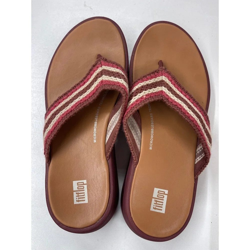 FitFlop Microwobbleboard Crochet Stripe Platform Sandals Burgundy Womens 7